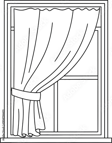 Simple black and white line art illustration depicting a classic window frame adorned with a gracefully tied back curtain ready for easy coloring or graphic design projects.