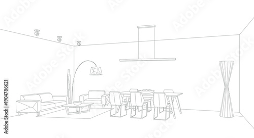 Interior design sketch showcasing a modern open concept living and dining area featuring contemporary furniture and various stylish lighting fixtures for architectural visualization projects.