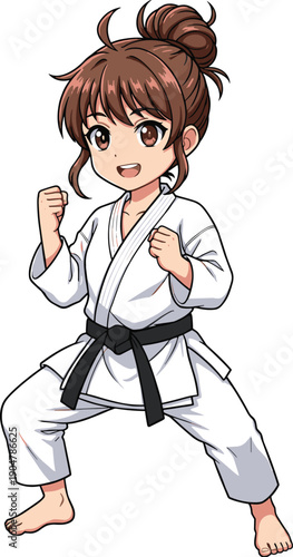 Anime karate girl illustration, cute martial arts kid character practicing self defense pose, Japanese style cartoon fighter, isolated white background