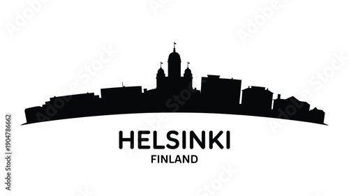 A black silhouette of the helsinki skyline with city name typography