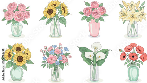 Collection of flower bouquets with soft outlines including sunflowers roses lilies and poppies in various glass and ceramic vases for decoration.