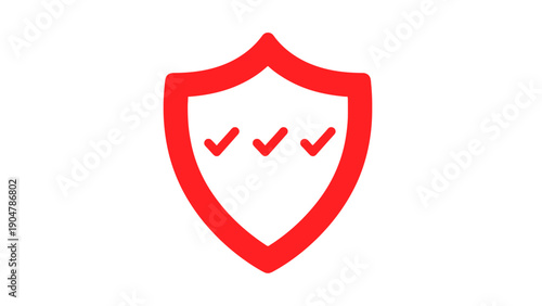 Premium Security Protection Icon: Red Shield with Three Checkmarks. Verified Compliance and Safety Symbol Vector.
