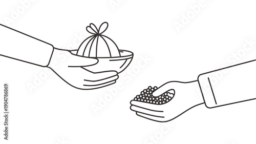 Hands exchanging seeds in a simple black and white line drawing