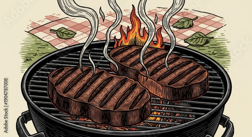 Three delicious steaks grilling on a barbecue with smoke and flames.