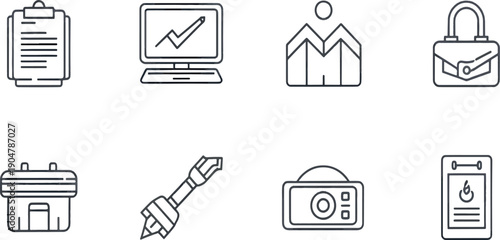 Adobe Illustrator Artwork Minimalist Business Management and Analytics Icon Set Featuring Performance Charts Task Checklists and Professional Office Accessories