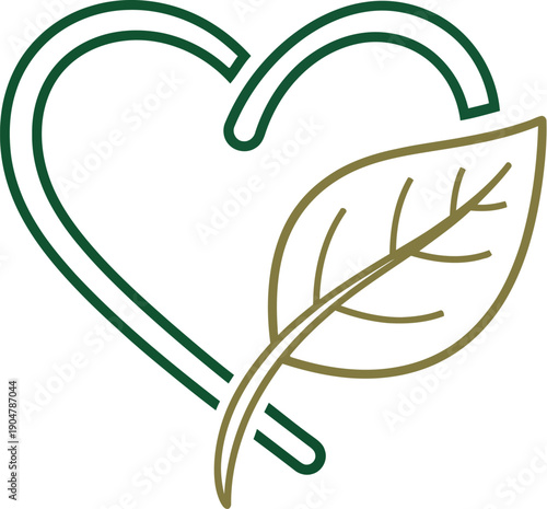 Minimalist line art logo design featuring a heart outline intertwined with a single natural leaf symbolizing care for environment and organic health wellness concepts beautifully presented.