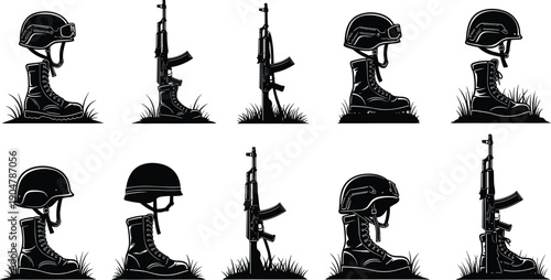 Black Silhouette Vector Illustration Set of Military Memorial Battlefield Cross with Rifle Helmet and Boots for Army Remembrance Day and Veterans Honor Designs