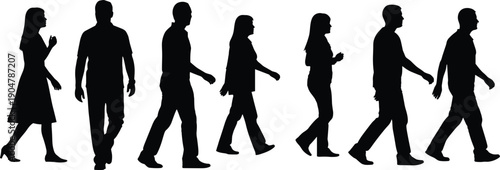 People walking silhouette set in side view representing daily movement crowd lifestyle urban life routine illustration concept