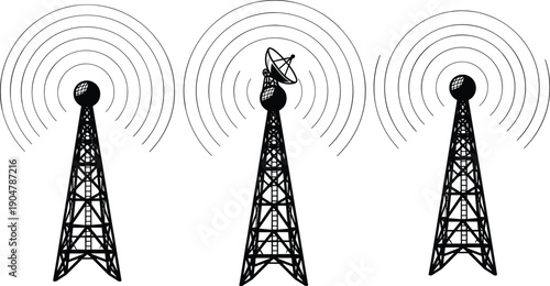 Radio communication towers broadcasting wireless signal waves, telecommunications infrastructure concept illustration isolated on white background vector technology network