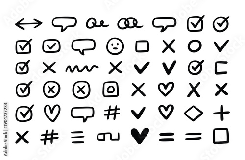 Hand-drawn vector icons including speech bubbles, arrows, checkmarks, and shapes on a white background