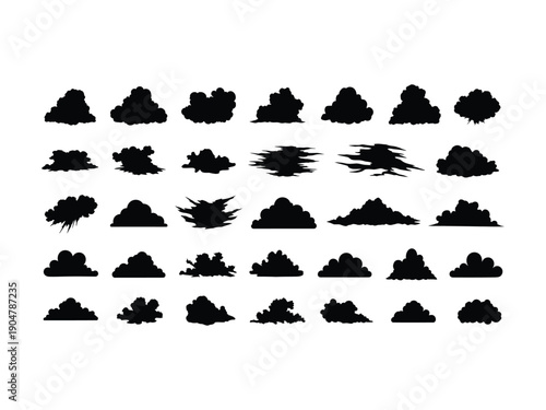 Diverse collection of black cloud silhouettes, perfect for weather, sky, and abstract design elements.