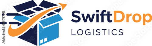 Modern abstract logo design featuring a stylized blue shipping box with an orange curved arrow symbolizing fast delivery and the brand name SwiftDrop Logistics displayed prominently.