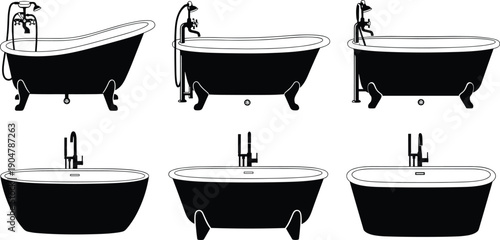 Black Silhouette Vector Illustration Set of Six Bathtubs and Faucets for Modern Bathroom Interior Design Home Decor and Architecture Projects