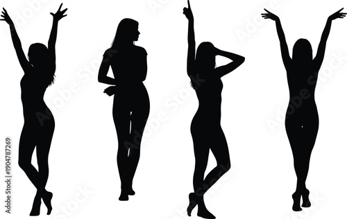 Silhouette illustration of four expressive female figures in dynamic poses, standing stances, movement, emotion, fashion artwork design