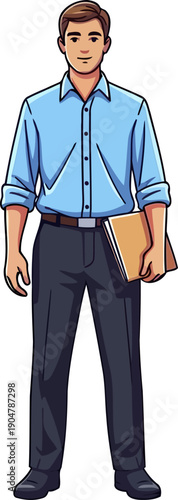 Casual professional man holding document folder and wearing blue shirt