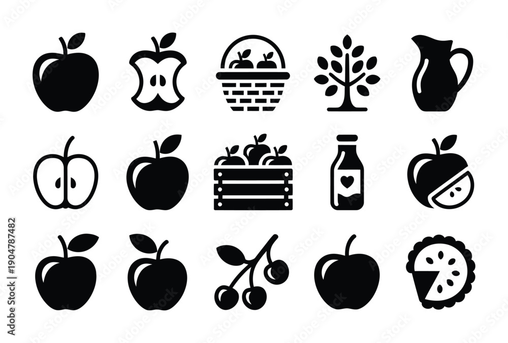Fototapeta premium This vector illustration features black icons of apples in various forms
