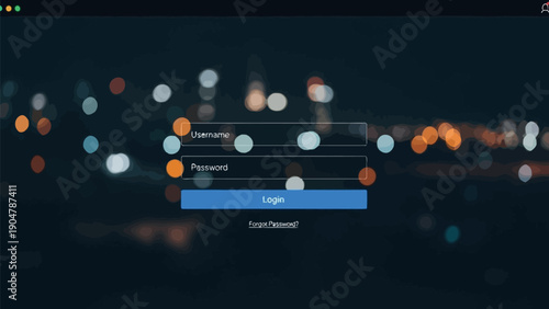 Modern digital application login screen interface design prominently featuring username and password entry fields against a dark bokeh city lights background for secure access.