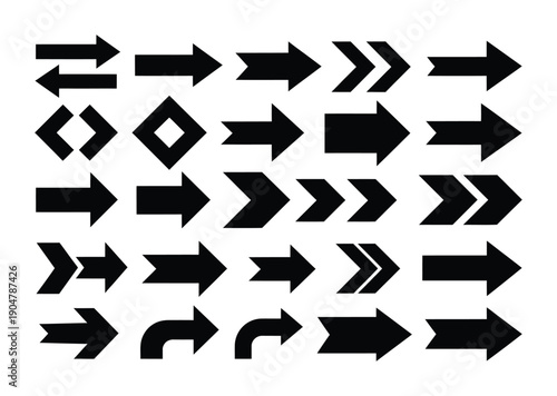Collection of black and white vector arrows pointing in different directions.