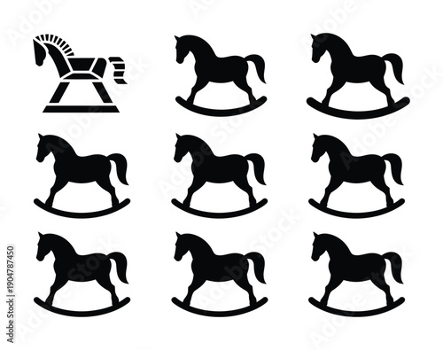 Collection of black vector illustrations of rocking horses in various positions