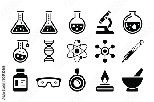 Vector representation of scientific laboratory equipment and chemical symbols.