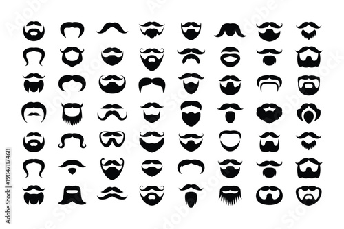 This vector image showcases a variety of stylized mustaches and beards for men