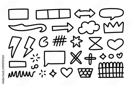 Diverse collection of hand-drawn vector icons and symbols in black and white