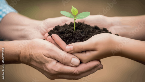 Generational care is shown as an elder person’s hands cup supporting a child’s hands holding a small seedling sprouting from rich dark soil representing hope and new beginnings.