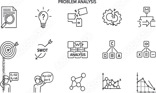 Adobe Illustrator Artwork Minimalist Problem Analysis and Strategic Planning Icon Set Featuring SWOT Analysis Goal Targeting Data Visualization and Logical Flowcharts