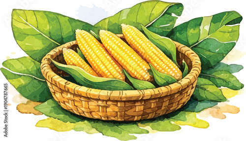 Fresh Corn Cobs in Wicker Basket with Green Leaves Illustration