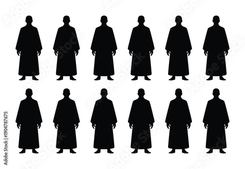 Series of vector silhouettes of individuals dressed in robes