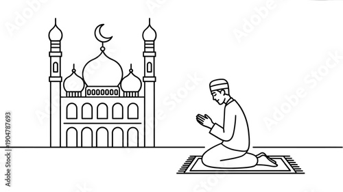 Line drawing of a mosque and a man praying islamically