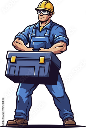 Muscular construction worker carrying heavy blue toolbox wearing hard hat