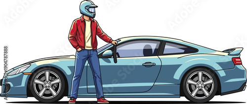 Race car driver in helmet standing next to blue sports coupe