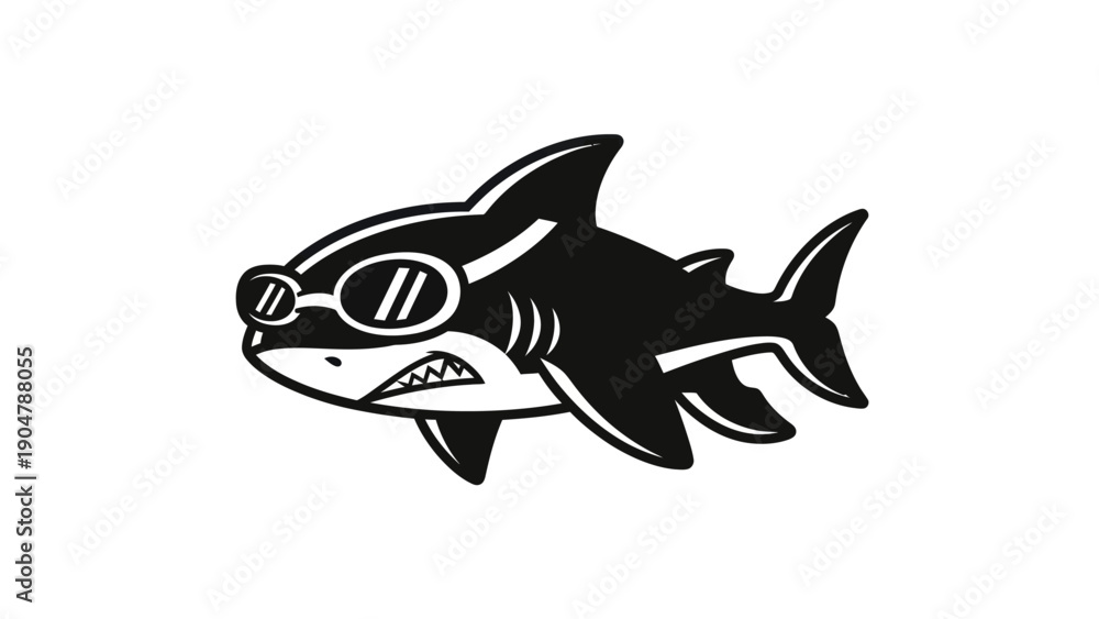 Obraz premium Cartoon shark with sunglasses black and white vector illustration