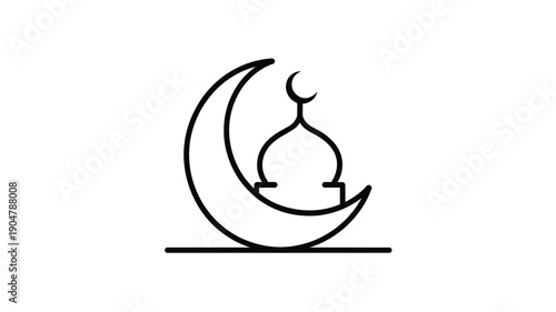 A simple black and white line drawing of a crescent moon and mosque