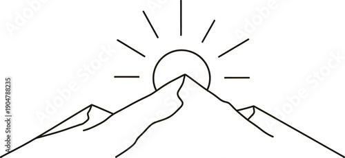 Minimalist line art depicting a stylized mountain peak with a rising or setting sun bursting above in a soft gradient sky background illustration
