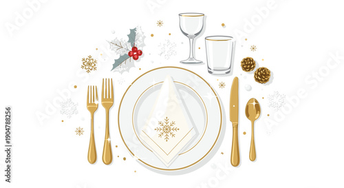 Elegant Christmas table setting with gold cutlery, a sparkling white plate, festive holly, pinecones, and scattered