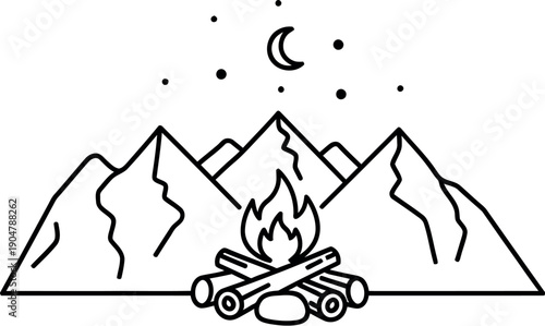 Minimalist line art drawing depicts a serene nighttime mountain scene featuring a crackling campfire under a crescent moon and scattered stars, perfect for outdoor themes.