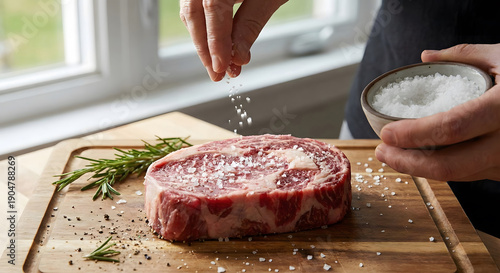 A person's hand sprinkles coarse salt over a raw ribeye steak on a wooden cutting board with rosemary and pepper.