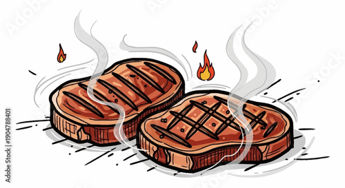 Two delicious grilled steaks with smoke and flames.