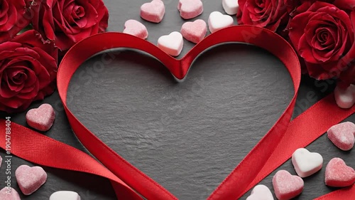 Romantic Heart Ribbon with Roses and Candies for Valentine's Day, valentine gift concept