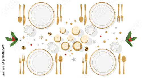 Luxurious Christmas dinner table setting for multiple guests, featuring gold cutlery, plates, glowing candles, festive