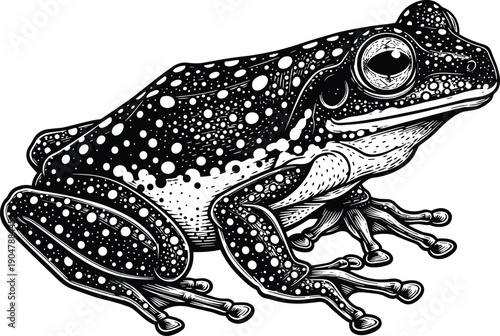 Detailed Black and White Vector Illustration of a Spotted Tree Frog Featuring Intricate Dotted Patterns for Nature Wildlife Amphibian and Biological Graphic Designs