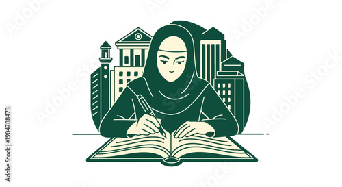 Young Muslim woman in hijab studying and writing in a book with cityscape background, symbolizing education and ambition