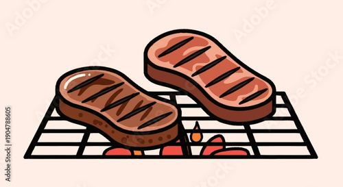 Two delicious steaks grilling on a barbecue rack with flames below.
