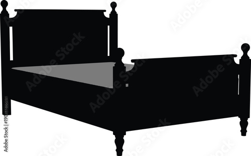 Black silhouette of a classic wooden four-poster bed frame with turned posts stands isolated against a neutral background for.
