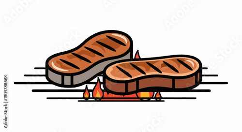 Two delicious steaks grilling over open flames on a barbecue grill.