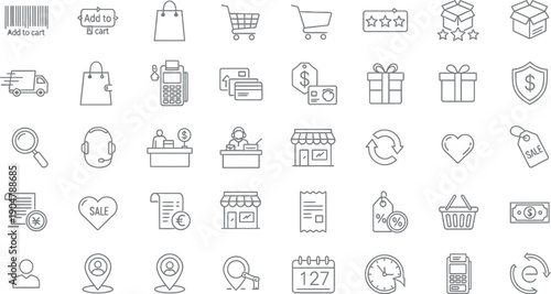 Collection of essential e-commerce and shopping line icons featuring delivery truck barcode scanning payment methods shopping carts gift boxes and store facades representing online retail operations