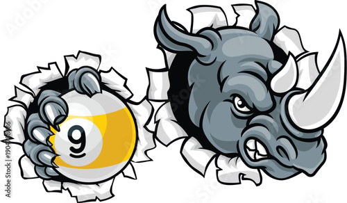 Rhino rhinoceros nine ball pool billiards sports mascot holding a 9 ball cartoon illustration
