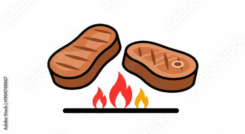 Two grilled steaks cooking on a barbecue grill with flames.